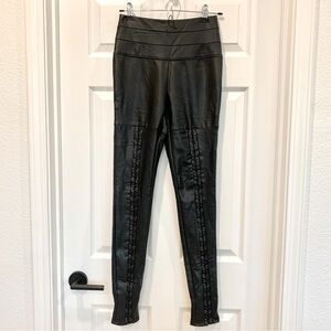 Bebe Black High-Waisted Wide Banded Leather Lace-Up Grommets Stirrup Leggings